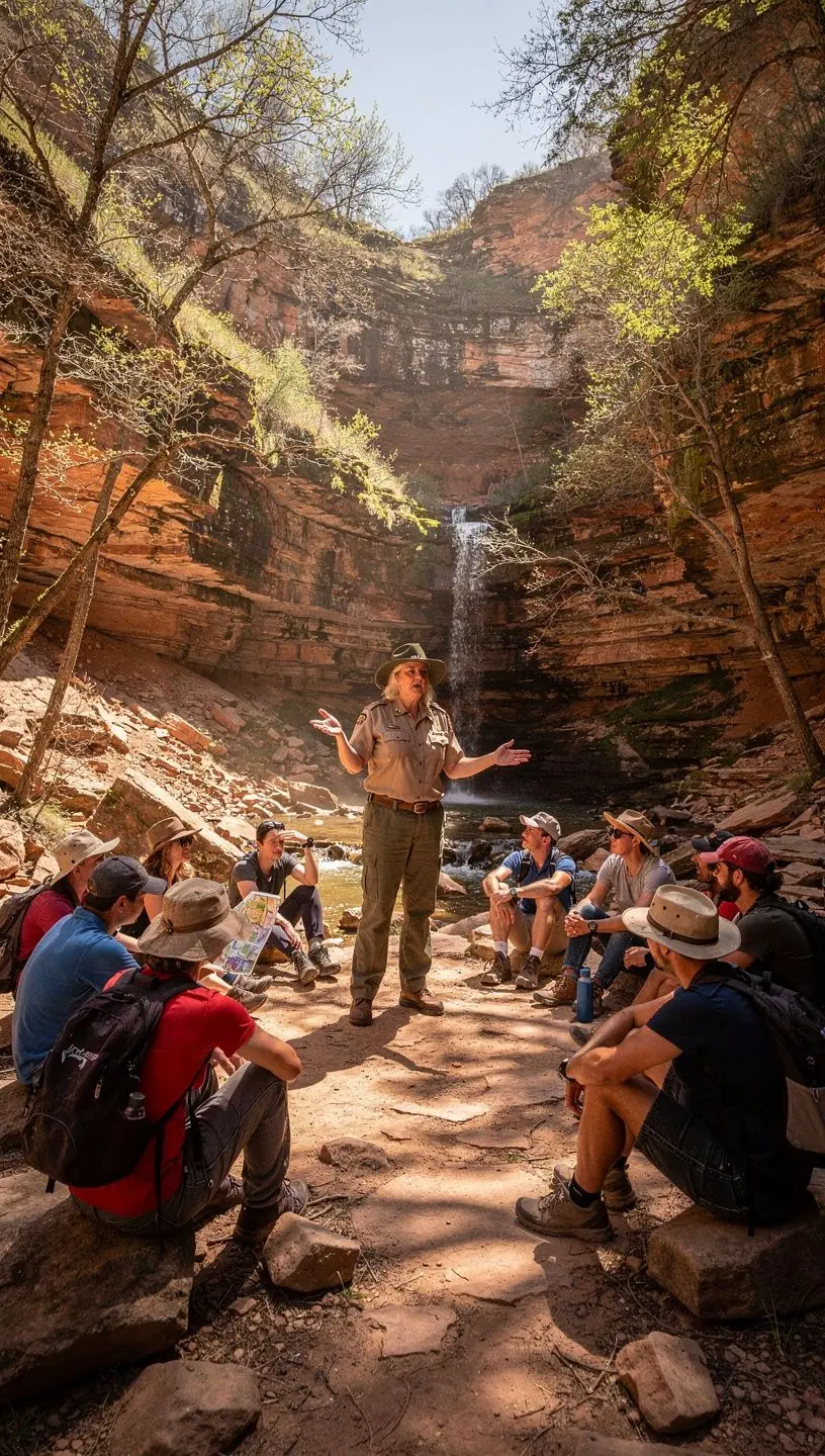Геологическая экспедиция, изучающая слои горных пород на краю Гранд-Каньона в ярком солнечном свете.