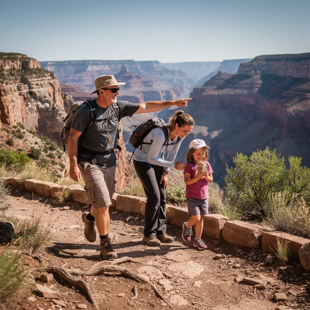 Группа туристов на пешеходной тропе, наслаждающихся живописными видами и уникальной природой Гранд-Каньона.