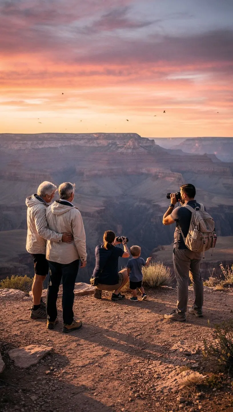 Пешеходная тропа вдоль края каньона с туристами, наслаждающимися природой.