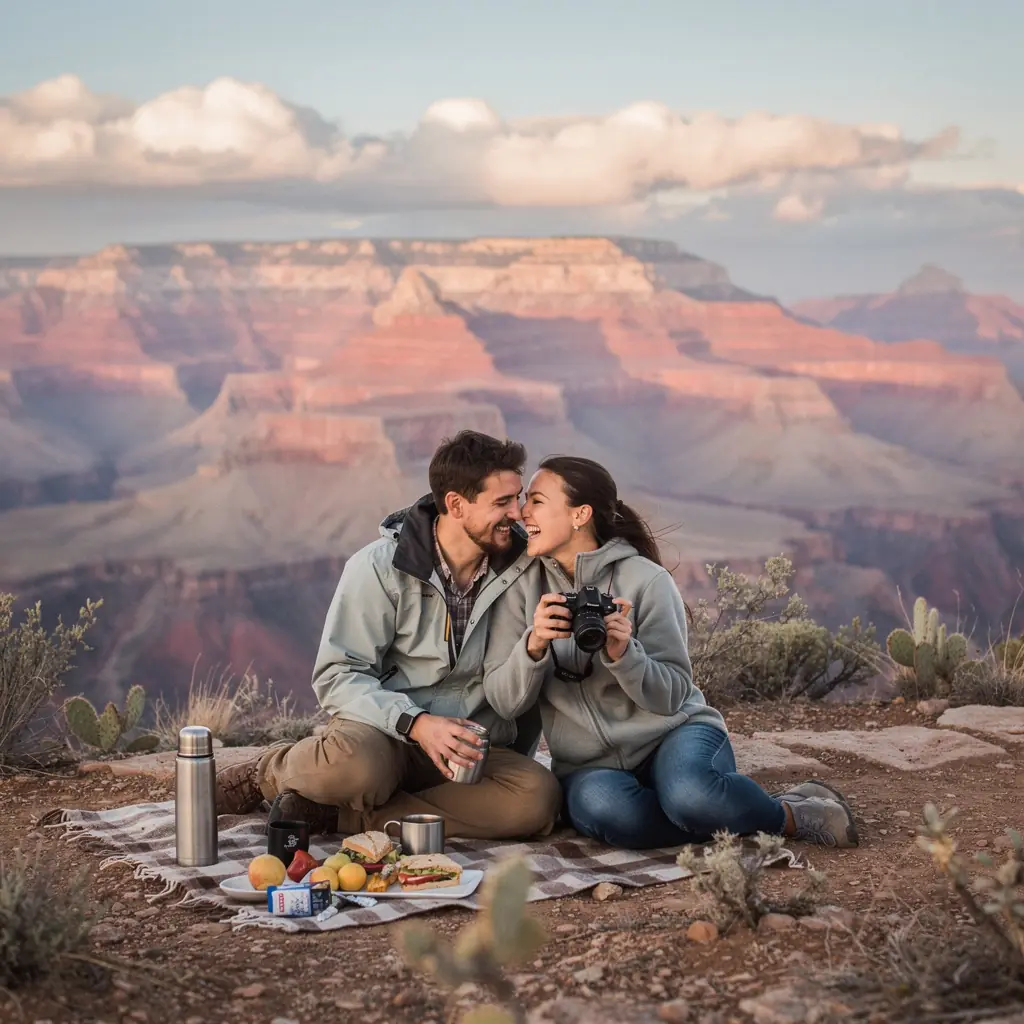 Пешеходная тропа вдоль края Гранд-Каньона, окруженная зелеными деревьями и яркими цветами.