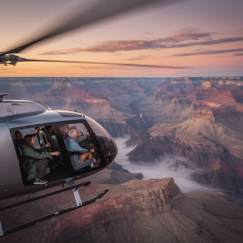 Экскурсия на вертолете над величественным Гранд-Каньоном с панорамным видом на его невероятные скалы и ущелья.