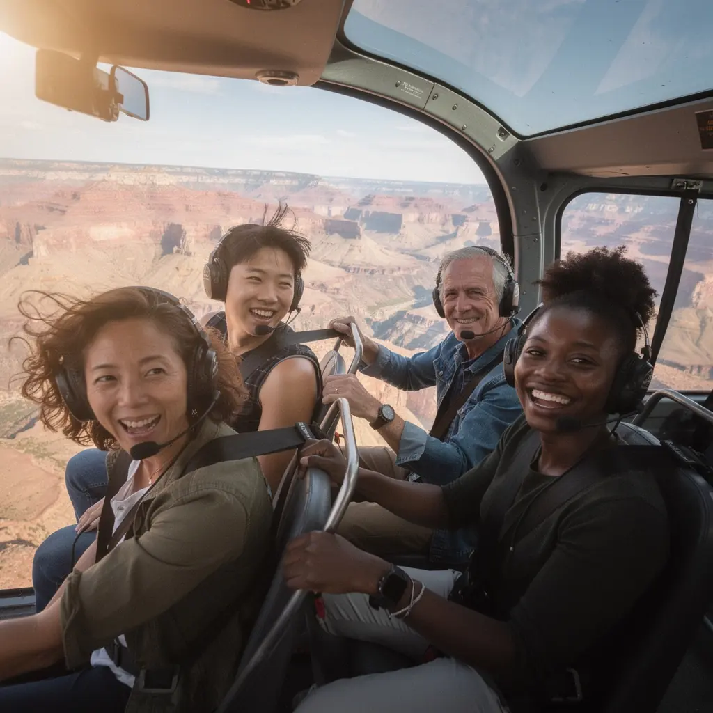 Экскурсия на вертолете над величественным Гранд-Каньоном с панорамным видом на его потрясающие скалы и ущелья.