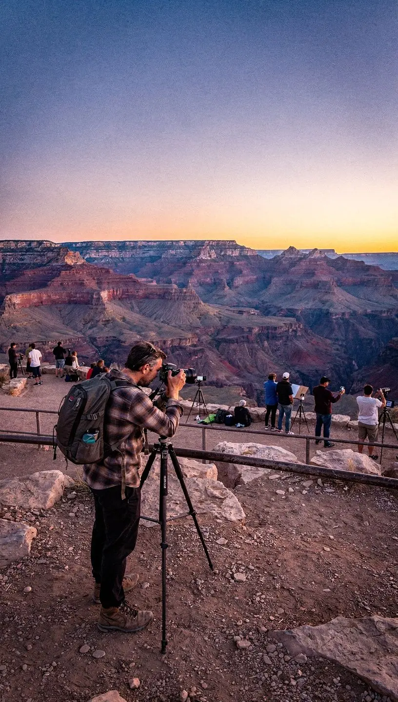 Пешеходная тропа, ведущая к краю каньона, окруженная зелеными растениями и скалами.
